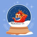 Christmas snowglobe of Santa sleigh with piles of presents. Happy new year. Winter holidays. Lovely Christmas background