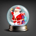 Christmas Snowglobe Vector. Santa Claus Ringing Bell And Smiling. Glossy Dome. Magic Xmas Holiday Souvenir. Transparent