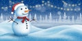Christmas snowman on the background of a winter landscape. Snowy view, Christmas garland Royalty Free Stock Photo