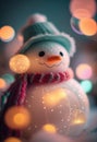 Christmas snowman close-up on a background of lights. AI Generated