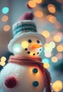 Christmas snowman close-up on a background of lights. AI Generated