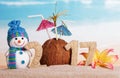 Christmas snowman, coconut with umbrellas and the inscription 2017 in sand against the sea