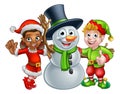 Christmas Elf Santas Helpers and Snowman Royalty Free Stock Photo