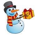 Christmas snowman with gift on a white background