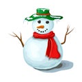 Christmas snowman illustration isolated on white background. Cute smiling snowman wearing red scarf and green hat covered with Royalty Free Stock Photo