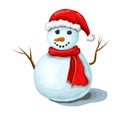 Christmas snowman illustration isolated on white background. Cute smiling snowman wearing red santas hat and scarf. xmas or winter Royalty Free Stock Photo