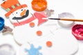 Christmas snowman painted by child with color pain