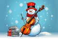 Christmas snowman play cello musical illustration blue background