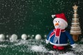 Christmas snowman in red hat and scarf standing in snow on dark green background Royalty Free Stock Photo