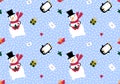 Christmas snowman seamless penguin and gifts box and letters pattern for wrapping paper and linens and fabrics