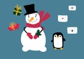 Christmas snowman set penguin and gifts box and letters for wrapping paper and linens and fabrics