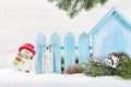 Christmas snowman and sledge toys and fir tree branch Royalty Free Stock Photo