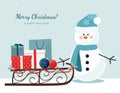 Christmas snowman, sleigh filled with gift boxes and shopping bags. Royalty Free Stock Photo