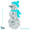 Christmas snowman of snowflakes isolated on white background, new year card