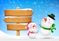 Christmas Snowman and snowgirl and wooden sign blank board