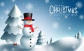 Christmas snowman vector design. Merry christmas greeting text with snowman character and fir tree element in snowy outdoor. Royalty Free Stock Photo