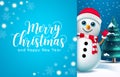 Christmas snowman vector template design. Merry christmas text in blue empty space with snow man character waving in background. Royalty Free Stock Photo