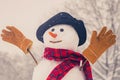 Christmas snowman on white snow background. Greeting snowman. Snowman with light star in Christmas day. Happy new year Royalty Free Stock Photo