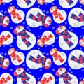 Christmas Snowmen On Blue Background Geometrical Pattern Seamless Repeat Background