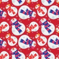 Christmas Snowmen On Red Background Geometrical Pattern Seamless Repeat Background