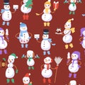 Christmas snowmen seamless vector pattern and vector illustration. Cartoon flat snowman holding latern, garland