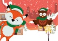 Christmas snowscape scene with fox and owl