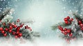 Christmas snowy background with frosty bright red holly berries. Light blue winter festive background with copy space Royalty Free Stock Photo