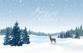 Christmas snowy background. Snow winter landscape with reindeer Royalty Free Stock Photo