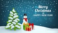 Christmas snowy background. Snowman gifts x-mas tree, new year festive banner vector illustration Royalty Free Stock Photo