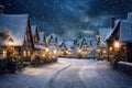 Christmas snowy holiday snowing sky night winter landscape rural tree lights house village Royalty Free Stock Photo