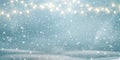 Christmas, Snowy landscape with light garlands, falling snow, snowflakes, snowdrift. Happy new year. Holiday winter Royalty Free Stock Photo