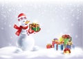 Snowman with Christmas gift winter snowy landscape beautiful wallpaper template greeting card sign banner poster Royalty Free Stock Photo