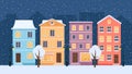 Christmas snowy night in cozy town street. City panorama, vector illustration Royalty Free Stock Photo
