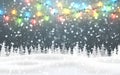 Christmas, snowy night woodland landscape with falling snow, firs, light garland, snowflakes for winter and new year holidays. Royalty Free Stock Photo