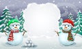 Christmas snowy scene with couple of greeting snowmen in santa hats. Christmas card template or holiday winter banner with place Royalty Free Stock Photo