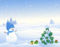 Christmas snowy scene with snowman and Christmas tree Royalty Free Stock Photo