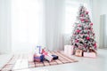 Christmas snowy Christmas tree with presents in a white room in winter Royalty Free Stock Photo