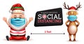 Christmas social distancing vector design. Social distancing text with santa claus and reindeer 3d characters wearing face mask. Royalty Free Stock Photo