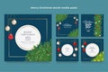 Christmas social media post bundle. Christmas banner on a blue background, pine leaves, Christmas balls, and snowflakes. Christmas