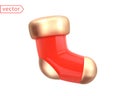 Christmas Sock Abstract Decor. Realistic 3d mocup design element in cartoon style. Shiny Gold and Red Plastic. Close-up object