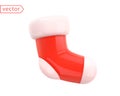 Christmas Sock Abstract Decor. Realistic 3d mocup design element in shiny plastic cartoon style. Red and white colors. Close-up