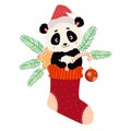 Christmas sock with cute panda, gifts, gingerbread, striped caramel and Christmas ball. Vector illustration. For New