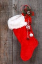 Christmas sock and decoration on wood Royalty Free Stock Photo