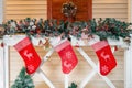 Christmas sock and decoration on wood. Royalty Free Stock Photo