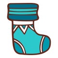 Christmas sock doodle style in blue green color. Xmas party time