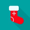 Christmas sock flat icon with long shadow. Xmas sock simple color symbol. Vector