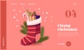 Christmas Sock with Gifts and Sweets Landing Page Template. Traditional Present from Santa, Xmas Decor for Fire Place