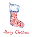 Christmas sock with greeting Marry C hristmas, handpainted watercolor illustration isolated on white