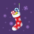 Christmas Sock with Holy Snowflakes Ornament, Lollipop and Candy Cane Sweets. Winter Xmas Stocking Isolated Element Royalty Free Stock Photo