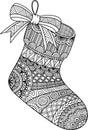 Line art design of hanging Christmas sock for coloring book, coloring page or print on stuffs. Vector illustration